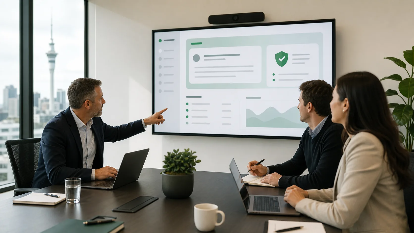 Professional services team reviewing safe staff AI use on a screen facing the group